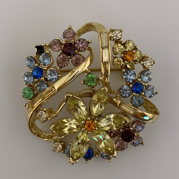 CORO HONORE PASTEL FLORAL BROOCH BY ADOLF KATZ Gold tone Multicolor VTG 1950s 2" - Picture 11 of 11